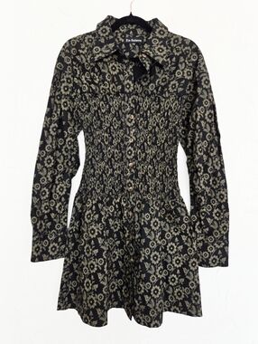 En Saison Smocked Black Green Floral Long Sleeve Button Up Dress, L